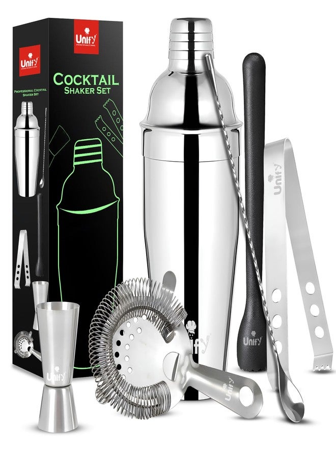 Unify 6 Pieces Stainless Steel Bartender Kit | Premium Cocktail Shaker Set for Home Bar & Parties | Includes Peg Measurer 30/60ml, Bar Spoon, Ice Tong, Muddler, Strainer | Professional Bar Tool Set - Image 1